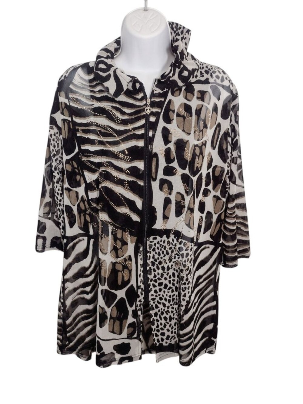 Valentina Sheer Mesh Studded Zip Tunic Top M Animal Print Bling Mobwife Vintage